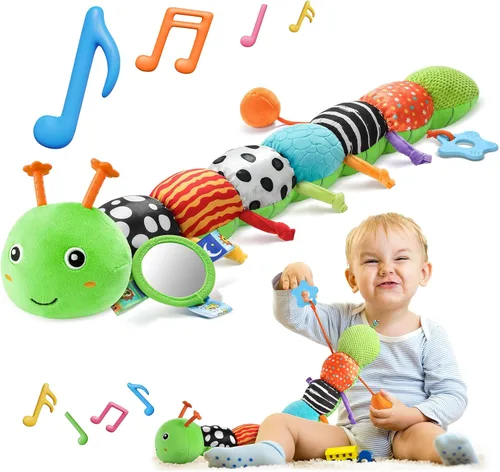 Miniatura 11 de HEMRLY Juguetes de regalo para bebés, juguete sensorial de 0 a 6 meses, oruga musical de peluche suave con dentición, sonajero para tiempo de Rosa