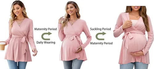 Miniatura 2 de OUGES Túnicas de maternidad para mujer, camisas de manga largacorta, cuello en V, ropa de maternidad para lactancia, blusa casual de embarazo
