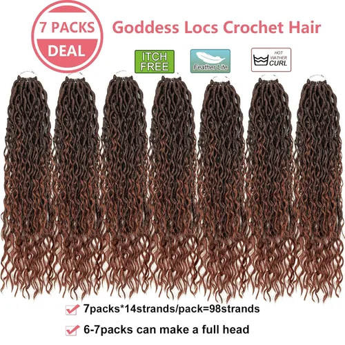 Miniatura 2 de Copper Goddess Faux Locs Cabello de Ganchillo con Puntas Rizadas, 7 Paquetes de 14 Pulgadas Boho Goddess Locs Cabello de Ganchillo, Cabello