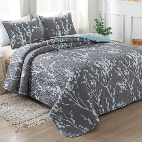Miniatura 7 de Andency Edredón tamaño King gris azul (106 x 96 pulgadas), juego de ropa de cama ligero floral de 3 piezas, colcha acolchada de microfibra