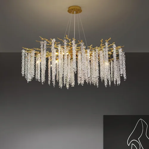 Miniatura 21 de Candelabro de Cristal Rama de Árbol Dorado Gota de Lluvia Redonda Lámpara Colgante con Borla Luminaria de Techo Colgante para Dormitorio Sala