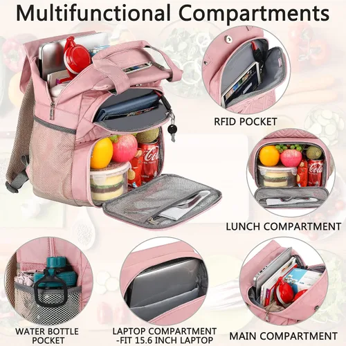 Miniatura 3 de Lonchera-Mochila para mujeres, mochilas con aislamiento térmico con bolsillo RFID, resistente al agua, mochila con puerto USB, portátil de 15,6