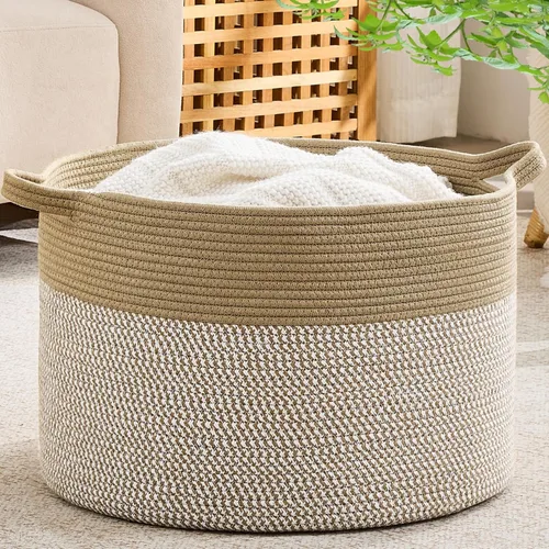 Miniatura 16 de KAKAMAY Cesta grande para manta (20 x 13 pulgadas), cestas tejidas para almacenamiento de ropa sucia de bebé, canasta de manta de cuerda de algodón