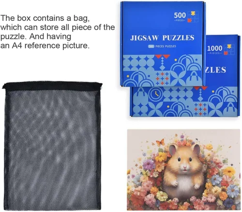 Miniatura 7 de Rompecabezas de madera de 500 piezas con estampado de flores de hámster, con bolsa de almacenamiento con partición del alfabeto, fácil de resolver