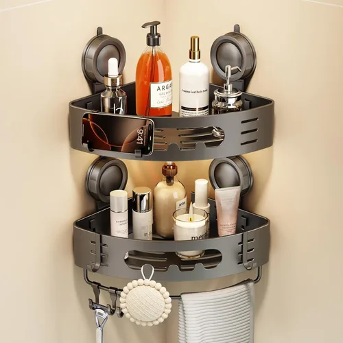 Miniatura 10 de Voldra Organizador de ducha esquinero con ventosa, estantes de ducha esquineros de aluminio para pared sin taladrar, organizador de ducha