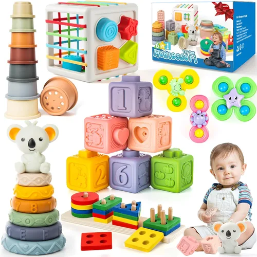 Juguetes para bebés de 6 en 1 de 6 a 12 meses, juguetes Montessori para bebés de 6-12-18 meses, anillos de apilado de bloques de juguetes para
