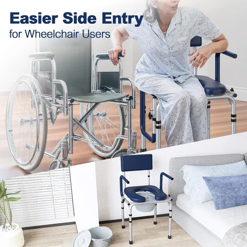 Miniatura 7 de Asiento sanitario plegable para el costado de la cama con brazo desplegable, inodoro con asiento acolchado y respaldo, capacidad de 136kg, cubo Azul