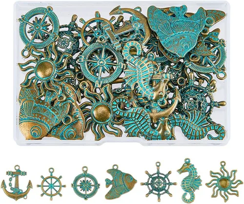 SUPERFINDINGS Colgantes de aleación con temática oceánica, 42 piezas, 7 estilos, pátina verde, caballito de mar, brújula, colgante, colgante de pez