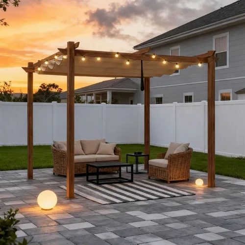Miniatura 10 de PURPLE LEAF Pérgola retráctil para exteriores de 10 x 10 pies con toldo, refugio de metal para patio, jardín, pabellón, marco de grano de madera