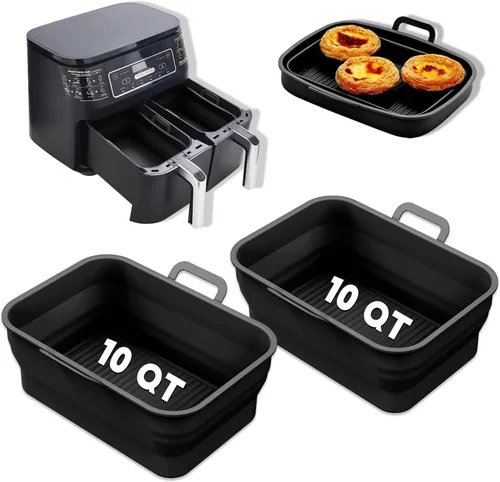 Miniatura 7 de Paquete de 2 sartenes plegables de silicona para freidora de aire para NINJA Foodi Dual de 8 y 10 cuartos, olla de cesta rectangular reutilizable