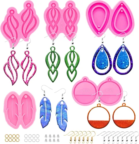 Miniatura 8 de Kit de 103 moldes de resina para aretes de bricolaje – Gota de lágrima/cuadrángulo/molde de silicona con forma de círculo retro, molde de fundición