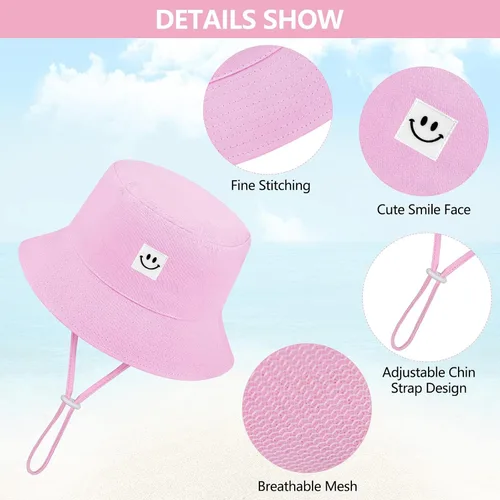 Miniatura 2 de Cooraby Paquete de 4 sombreros de sol para bebé, transpirable, con sonrisa, sombrero de cubo protector solar para bebé, gorra ajustable para bebé