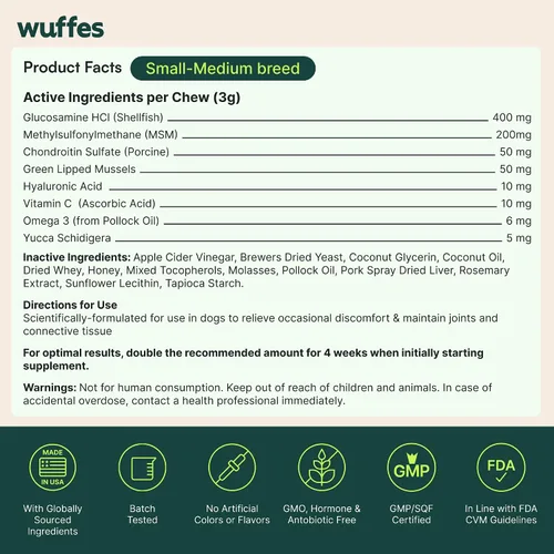 Miniatura 9 de Wuffes Suplemento avanzado para cadera y articulaciones de perro con glucosamina, condroitina, omega 3, MSM y mejillón de labios verdes