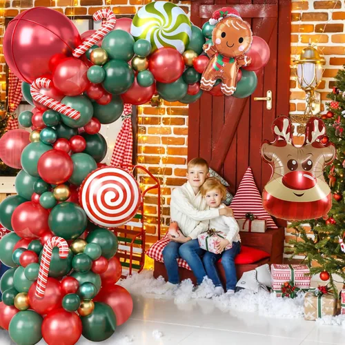 Miniatura 5 de Kit de Guirnalda de Globos de Navidad, 108 Piezas Globos Retro Verde Oscuro Rojo Oro Arco con Globos 4D, Globos de Caramelo en Forma de Bastón