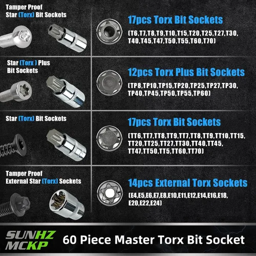 Miniatura 2 de SUNHZMCKP - Juego de 60 piezas de dados Torx y juego de dados Torx externos, Star T6-T70, E4-E24, TP8-TP60, TT6-TT70, 1/4 pulgadas, 3/8 pulgadas