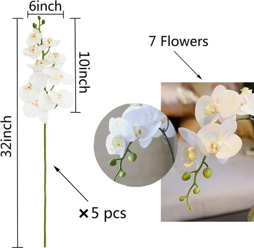 Miniatura 2 de FagusHome Flores artificiales de Phalaenopsis de 32 pulgadas, 5 piezas de orquídeas artificiales para decoración del hogar