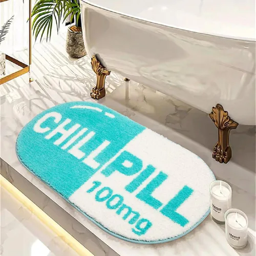 Miniatura 2 de RORA Alfombra de Baño Divertida y Bonita Chill Pill Azul Pequeña Alfombras de Baño Preppy Decoración de Baño Estética Alfombra de Baño