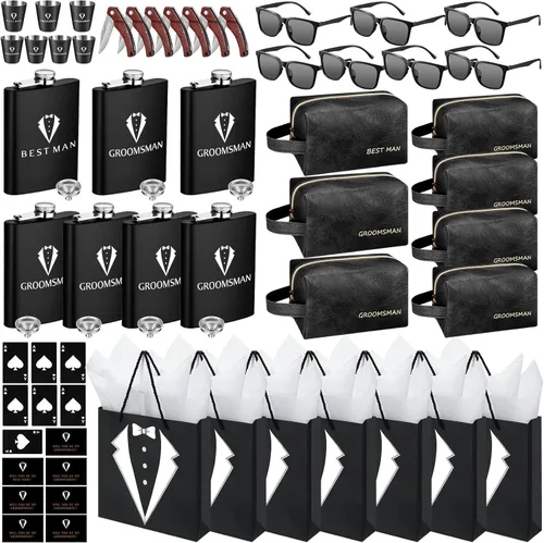 Miniatura 7 de 20 piezas de regalos para padrinos de novio, caja de propuesta con matracas, gafas de sol, bolsa de aseo de cuero PU, abridor de botellas