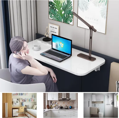 Miniatura 4 de Mesa flotante plegable para colgar en la pared, mesa resistente y estable para comedor, escritorio de madera pequeño, blanco, plata, 47 x 20