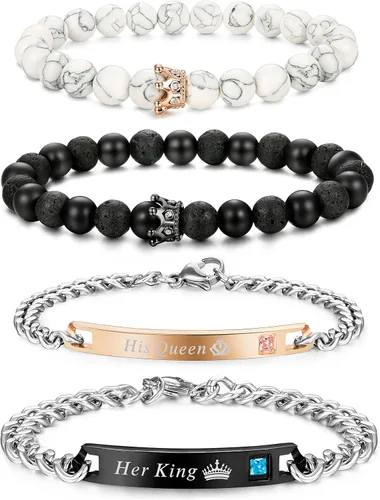 FIBO STEEL Juego de 4 pulseras para parejas para hombres y mujeres, para él y ella, con corona, reina, pulseras de cuentas de 0.315 in, Acero