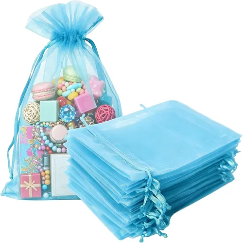 Miniatura 29 de Bolsas de regalo de organza de 4 x 6 pulgadas con cordón para joyas, dulces, paquetes de 50 bolsas de té de tela transparente azul aguamarina