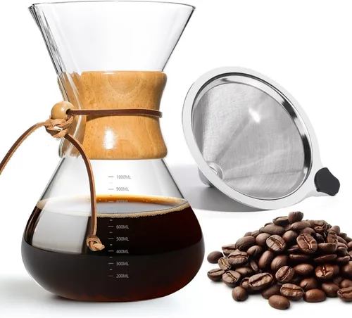 Miniatura 10 de Cafetera de Goteo 14 OZ, 4 Tazas Cafetera de Vidrio de Borosilicato con Filtro de Acero Inoxidable Reutilizable y Empuñadura de Corcho para Café