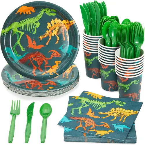 Juvale Juego de 144 piezas de decoración de fiesta de cumpleaños de dinosaurio con platos, vasos, servilletas y cubiertos, sirve 24 platos y tazas