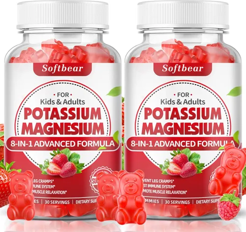 softbear Gomitas de potasio para adultos, suplemento de magnesio y potasio de alta absorción con vitamina B6 para calambres en las piernas y salud