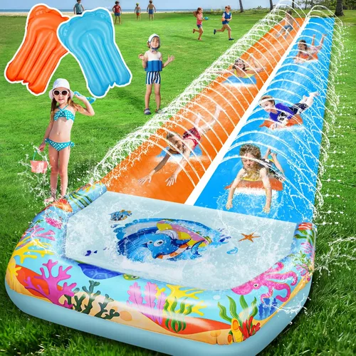 Miniatura 9 de Toboganes de agua dobles de 40 pies para niños y adultos, toboganes de agua extralargos con 2 bodyboards, resistentes, juguetes inflables gigantes