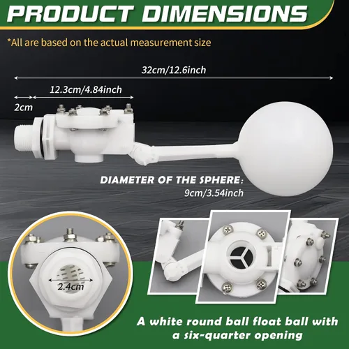 Miniatura 2 de Válvula flotante desmontable de 3/4, válvula de flotador de agua de plástico blanco con brazo ajustable para control de nivel de agua para estanque