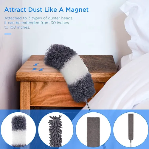 Miniatura 6 de UIMO Kit de plumero de microfibra 5 en 1 para quitar el polvo y la limpieza, poste de extensión de 30 a 100 pulgadas, agarre antideslizante, Azul