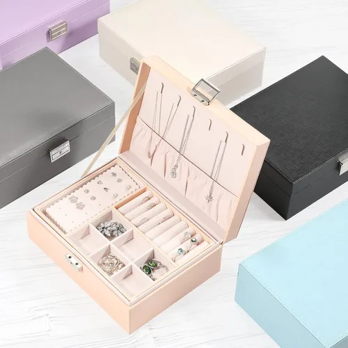 Miniatura 6 de Allinside Joyero organizador para mujeres, adolescentes y niñas, 2 capas de piel sintética con cerradura, forro de terciopelo, opción de regalo