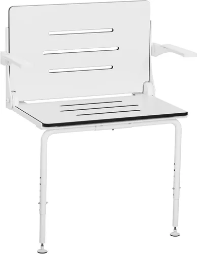 Seachrome Silhouette Comfort Plus Asiento plegable resistente para ducha de montaje en pared con reposabrazos y patas, asiento blanco con marco