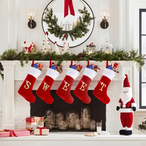 Miniatura 7 de Medias de Navidad con monograma de 20 pulgadas con letras, medias de Navidad grandes súper suaves, terciopelo rojo con puño de felpa blanco súper