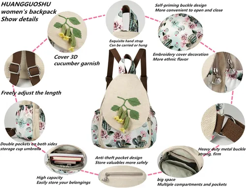 Miniatura 17 de HUANGGUOSHU Mochila de algodón tejida de algodón bohemio con bordado de lona estilo bohemio con múltiples bolsillos retro linda mochila cartera