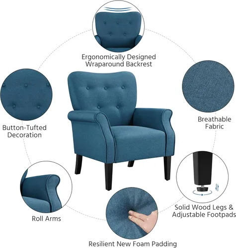 Miniatura 8 de Yaheetech Sillón Moderno, Silla de Acento de Mediados de Siglo con Patas de Madera Resistentes y Respaldo Alto para Espacios Pequeños, Silla de Club