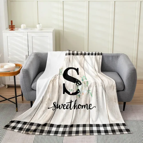 Erosebridal Flower Initial S Flannel Blanket White Floral Flowers Fleece Blanket,40"X50",Personalized Letters Fuzzy Plush Throw for Sofa Beige Negro