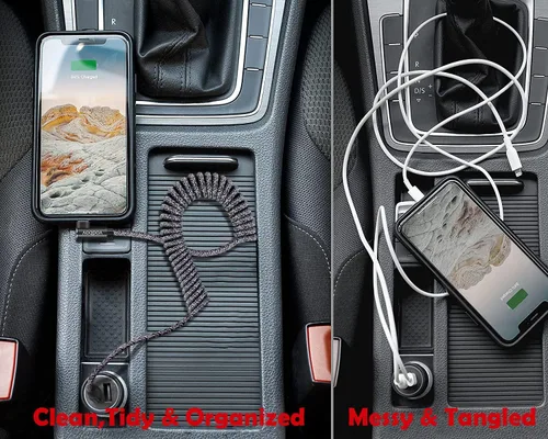 Miniatura 5 de Cable USB-A a Lightning en espiral de 90° (negro cebra) – trenzado, carga rápida, cable de carga de coche en ángulo recto, estiramiento de 2 a 8