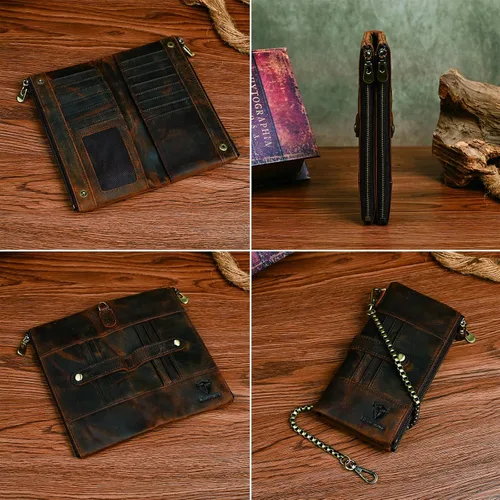 Miniatura 13 de Genuino Caballo Loco Cuero Regalo de Viaje Moneda Bolsillo Tarjetero Organizador Largo Cadena Rfid Cartera Monedero Con Broche Para Hombres Hombres