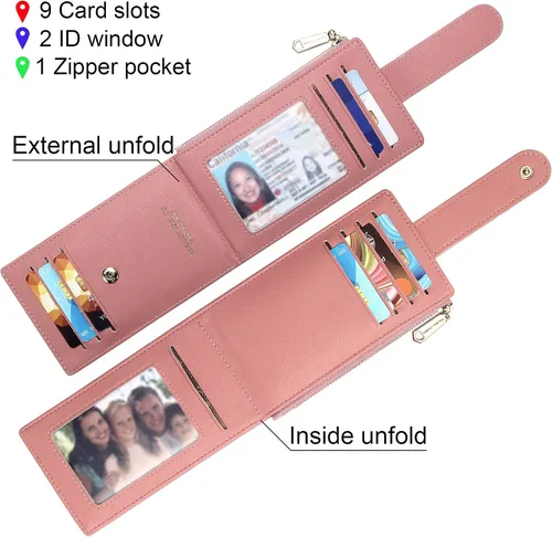 Miniatura 4 de OIDERY Cartera con tarjetero RFID para mujer, delgada, plegable, con cremallera, organizador de tarjetas, carteras con caja de regalo, Rosado