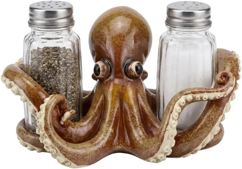 Comfy Hour - Dúo decorativo de pulpo, salero y pimentero, hecho a mano artesanal, soporte para mesa de cocina, incluye 2 botellas de vidrio, 6.1