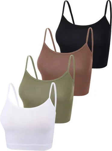 Paquete de 4 camisetas cortas sin mangas para mujer, camiseta corta con tirantes delgados, camiseta básica deportiva, media camisola para