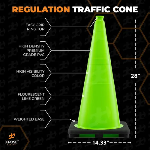 Miniatura 3 de Xpose Safety Cono de tráfico verde lima de 28 pulgadas, paquete de 4, cono de seguridad de PVC de alta calidad para estacionamiento, precaución