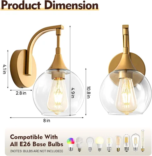 Miniatura 3 de Aplique de pared dorado, 1 luz de tocador de baño, lámpara de pared moderna con pantalla de vidrio transparente de 4.9 pulgadas, lámparas de pared