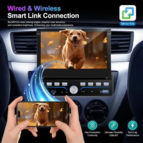 Miniatura 7 de Estéreo de Coche Individual DIN Apple Carplay y Android Auto 1 DIN 7 Pulgadas Pantalla Táctil Abatible Radio de Coche con Bluetooth y Micrófono