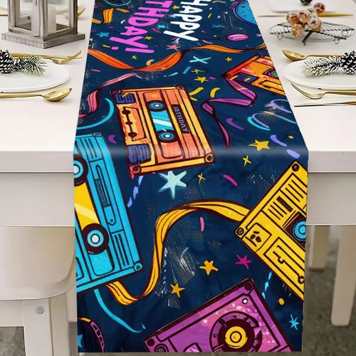Miniatura 5 de JCJT Camino de mesa retro de cumpleaños, diseño de cassette neón de los años 80 y 90, poliéster, azul marino, rosa, amarillo, 70.86 x 13.78