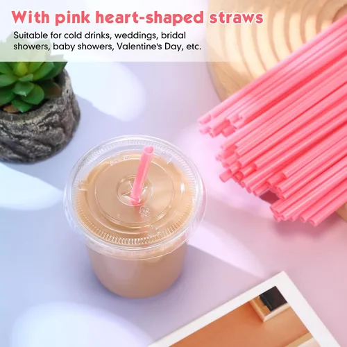 Miniatura 5 de Ziliny Juego de 25 vasos de plástico transparente con pajitas y tapas en forma de corazón, tazas desechables para café helado, bebidas frías, día