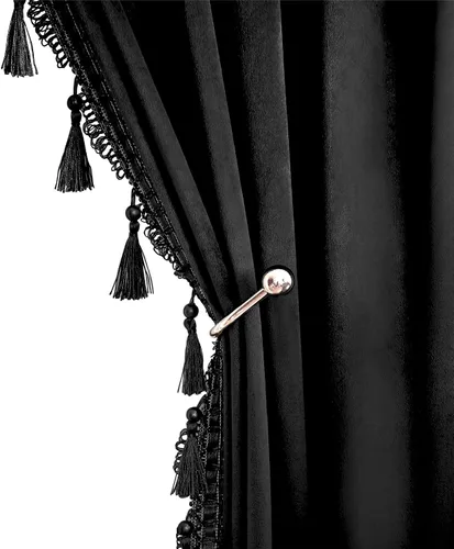 Miniatura 12 de Fazhesici Cortinas opacas de terciopelo negro de 63 pulgadas de largo para ventanas, cortinas con bolsillo para barra con borlas, cortinas térmicas