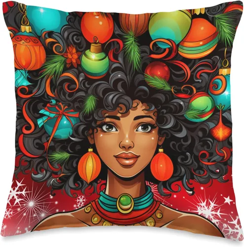 Black women Christmas ornament melanin curly hair Melanin Christmas Queen Xmas Black Girl Magic Ornament Throw Pillow, 16x16, Multicolor