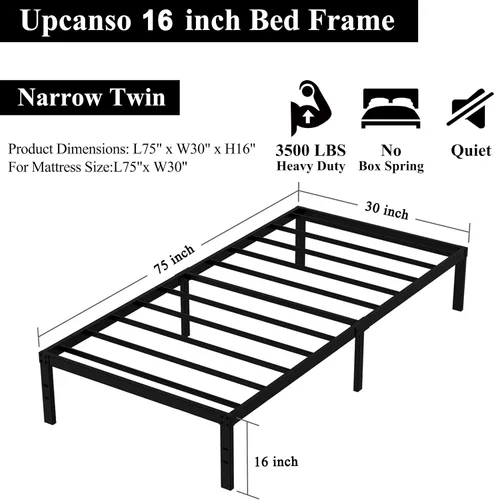 Miniatura 2 de Upcanso Marco de cama individual estrecho de 16 pulgadas, 30 x 75 pulgadas, no necesita somier, plataforma de metal de 75 x 30 pulgadas, marcos
